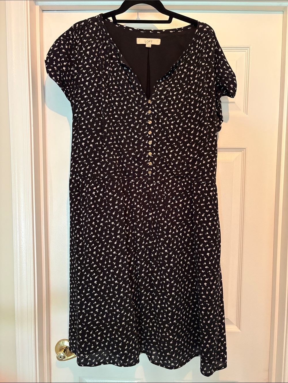 LOFT Black Dress with White Floral Print and Button Front